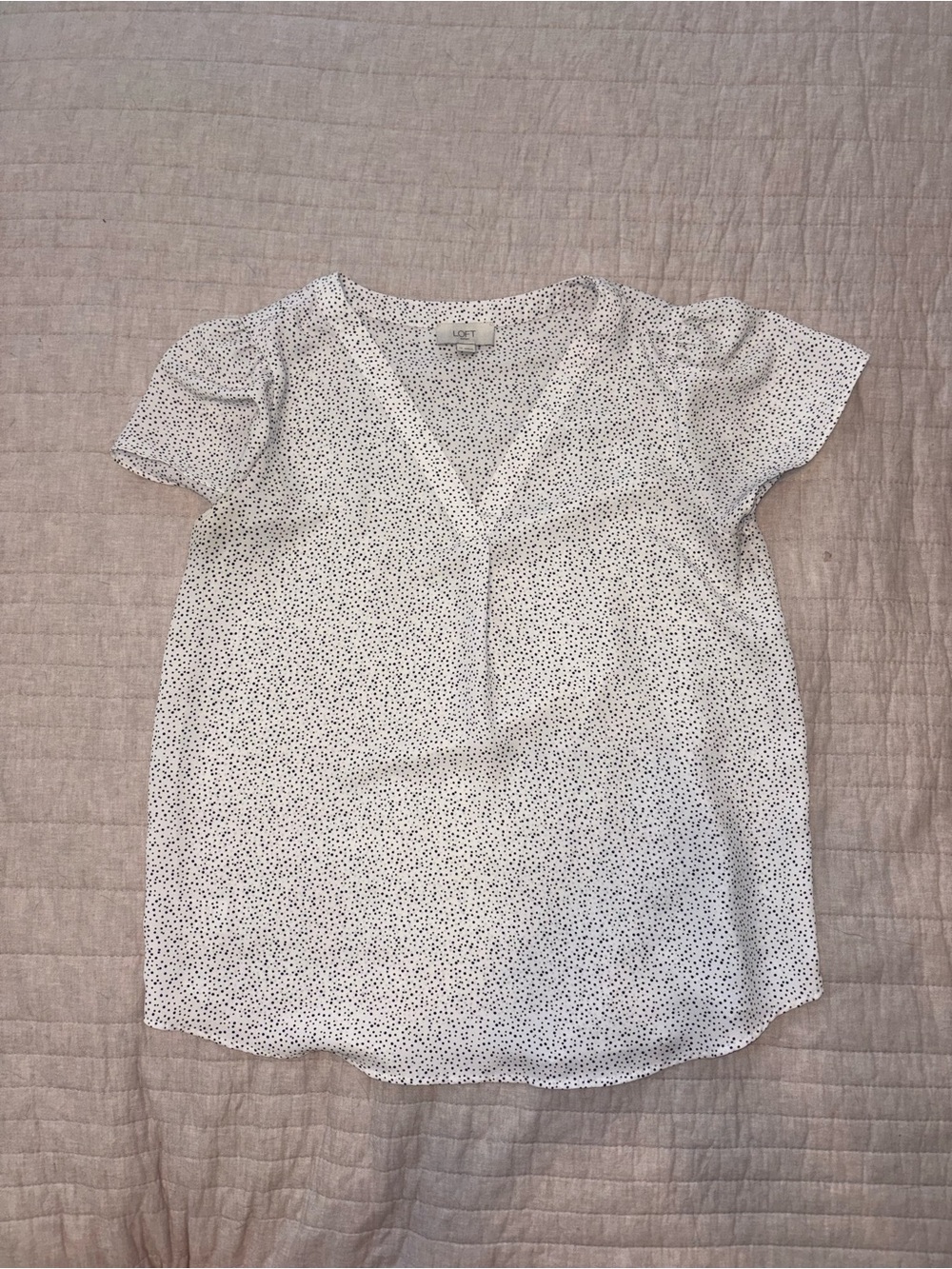 LOFT White Short-Sleeve V-Neck Dot Print Blouse